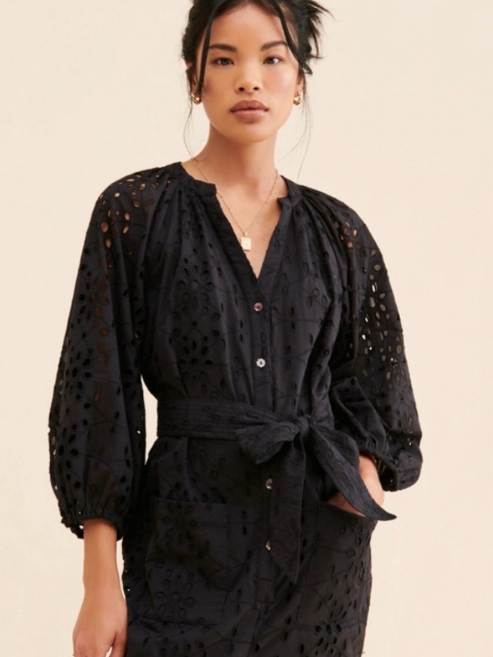 Cleobella Black Eyelet Button-Front Tie-Waist Jumpsuit